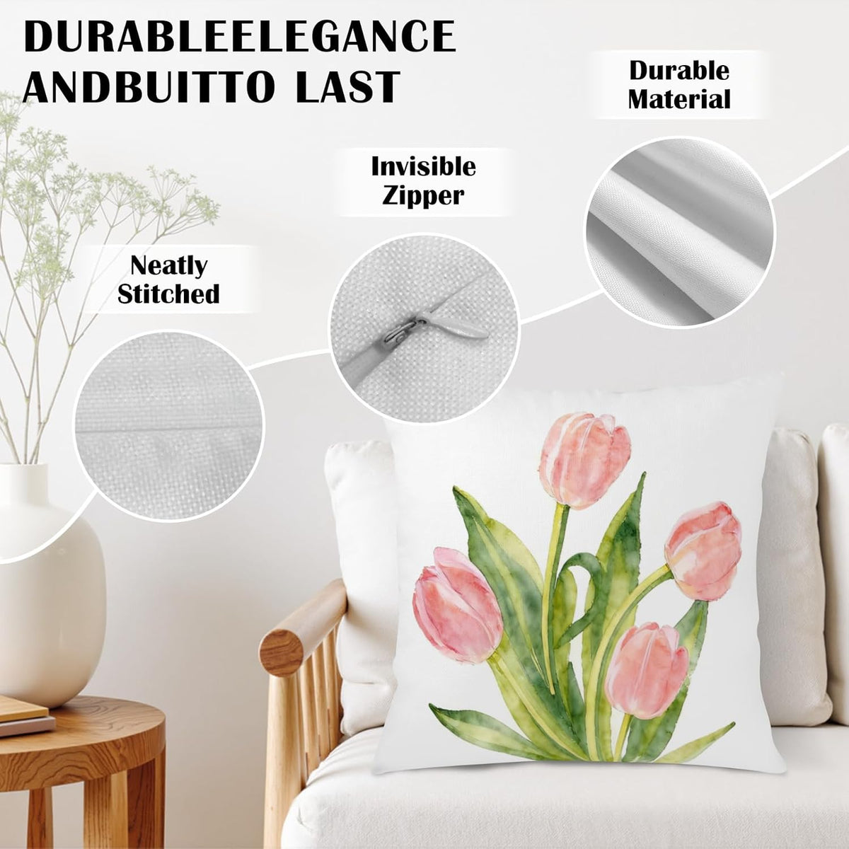 Spring Floral Pillow Covers 18x18 Set of 2 Pink Tulip Throw Pillow Covers Summer Flower Farmhouse Decorative Throw Pillows for Home Couch Sofa Bed Decor