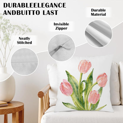Spring Floral Pillow Covers 18x18 Set of 2 Pink Tulip Throw Pillow Covers Summer Flower Farmhouse Decorative Throw Pillows for Home Couch Sofa Bed Decor