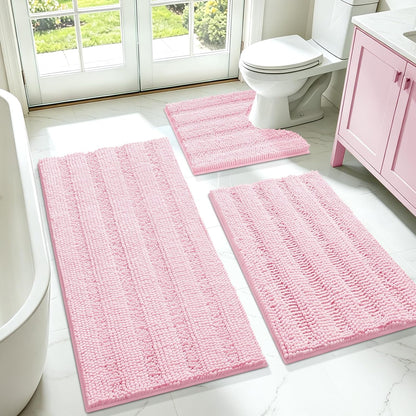 Christmas Striped Pink Bathroom Rug Set 3 Pieces Ultra Soft, Non Slip Chenille Toilet Mat, Absorbent Plush Shaggy Bath Mats for Bathroom, Bedroom, Kitchen