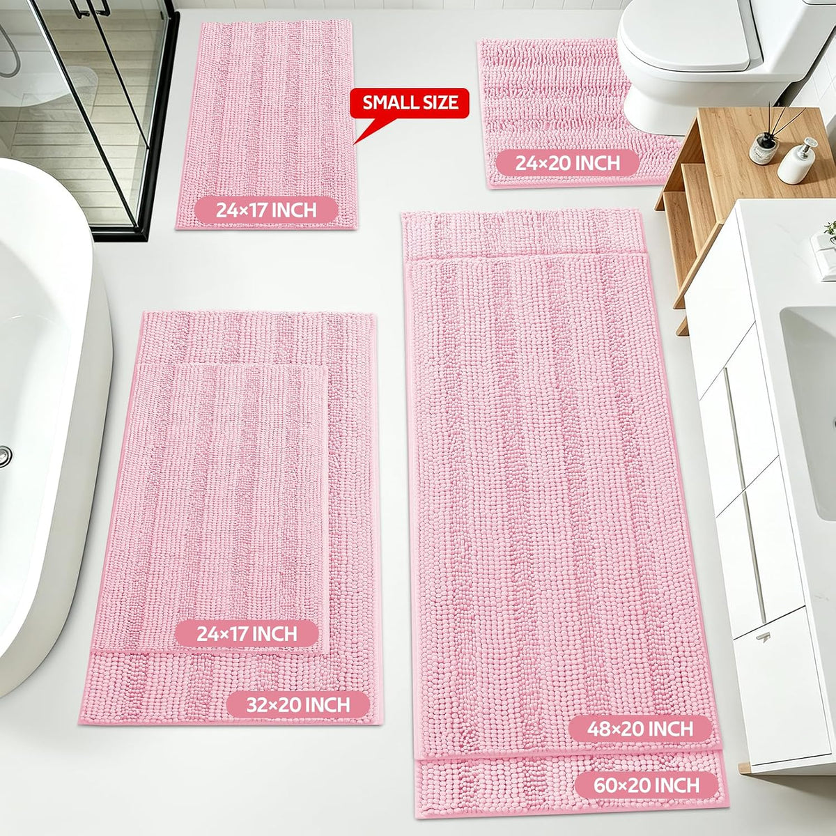 Christmas Striped Pink Bathroom Rug Set 3 Pieces Ultra Soft, Non Slip Chenille Toilet Mat, Absorbent Plush Shaggy Bath Mats for Bathroom, Bedroom, Kitchen