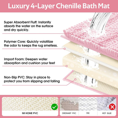Christmas Striped Pink Bathroom Rug Set 3 Pieces Ultra Soft, Non Slip Chenille Toilet Mat, Absorbent Plush Shaggy Bath Mats for Bathroom, Bedroom, Kitchen
