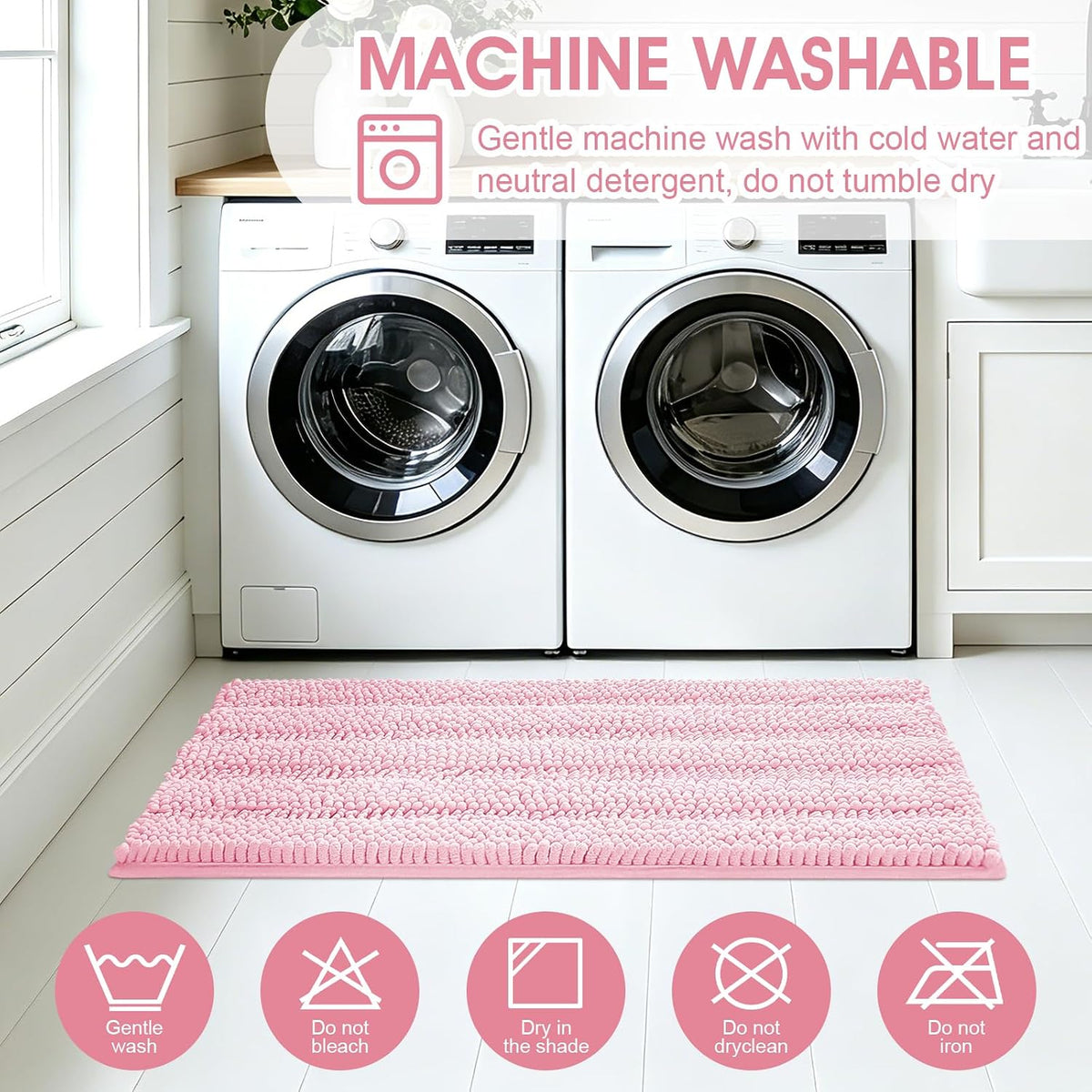 Christmas Striped Pink Bathroom Rug Set 3 Pieces Ultra Soft, Non Slip Chenille Toilet Mat, Absorbent Plush Shaggy Bath Mats for Bathroom, Bedroom, Kitchen
