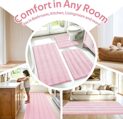 Christmas Striped Pink Bathroom Rug Set 3 Pieces Ultra Soft, Non Slip Chenille Toilet Mat, Absorbent Plush Shaggy Bath Mats for Bathroom, Bedroom, Kitchen