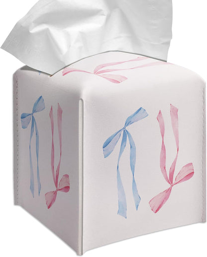Cute Tissue Box Cover Square - Blue and Pink Ribbon Bow Design 5.2" PU Leather Holder for Vanity, Desk, or Bathroom Counter - Cube Case for Facial Tissues(008)