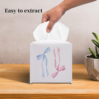 Cute Tissue Box Cover Square - Blue and Pink Ribbon Bow Design 5.2" PU Leather Holder for Vanity, Desk, or Bathroom Counter - Cube Case for Facial Tissues(008)