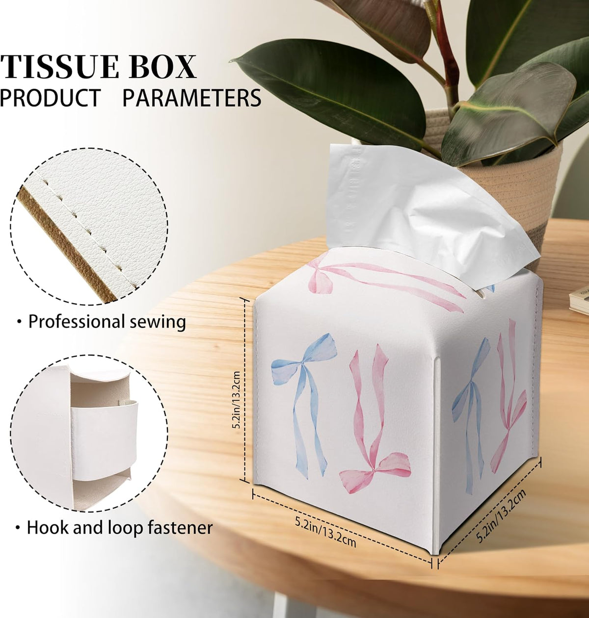 Cute Tissue Box Cover Square - Blue and Pink Ribbon Bow Design 5.2" PU Leather Holder for Vanity, Desk, or Bathroom Counter - Cube Case for Facial Tissues(008)