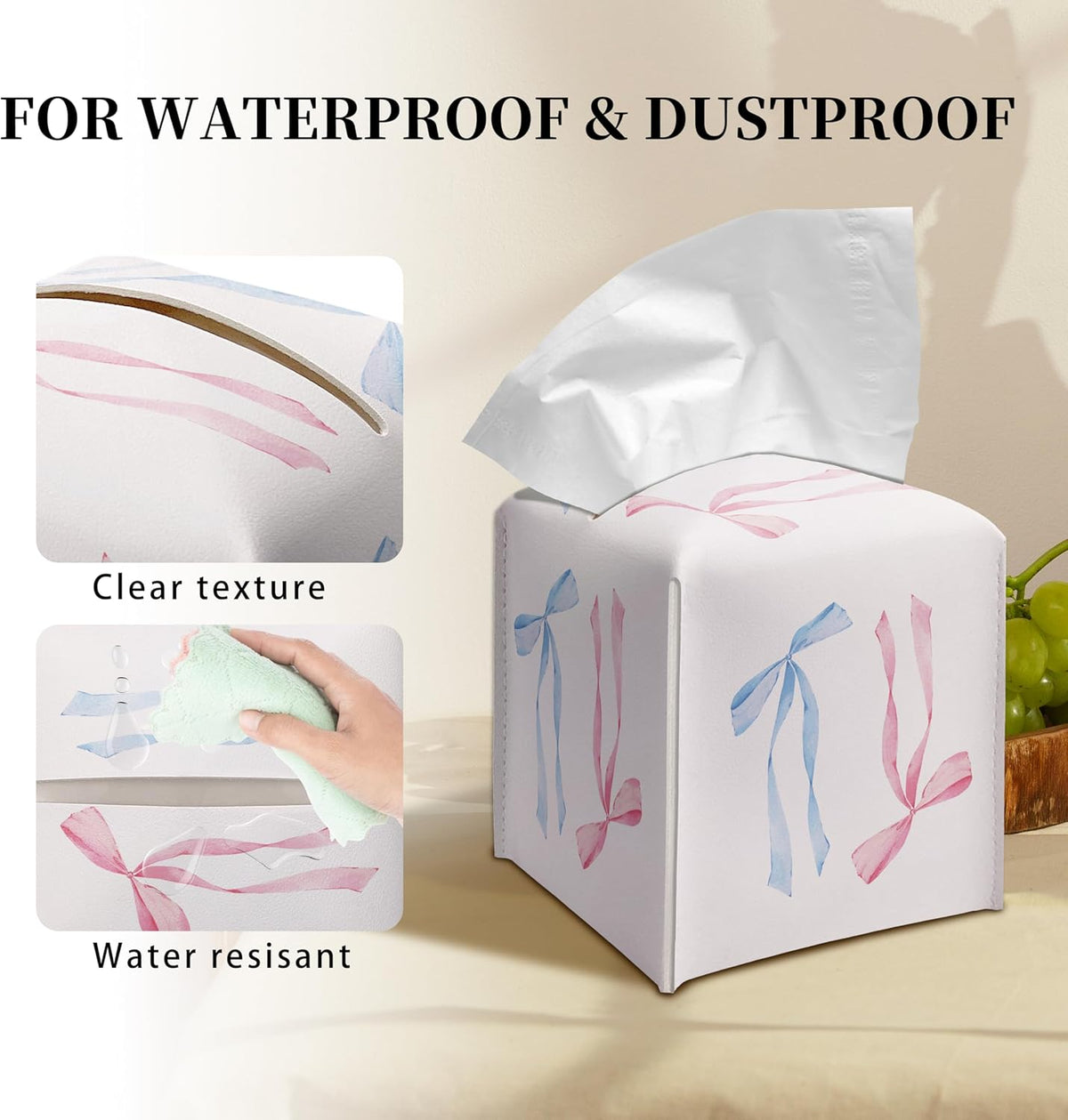 Cute Tissue Box Cover Square - Blue and Pink Ribbon Bow Design 5.2" PU Leather Holder for Vanity, Desk, or Bathroom Counter - Cube Case for Facial Tissues(008)