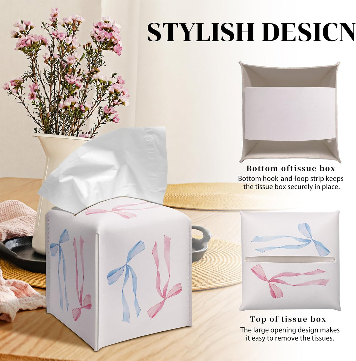 Cute Tissue Box Cover Square - Blue and Pink Ribbon Bow Design 5.2" PU Leather Holder for Vanity, Desk, or Bathroom Counter - Cube Case for Facial Tissues(008)