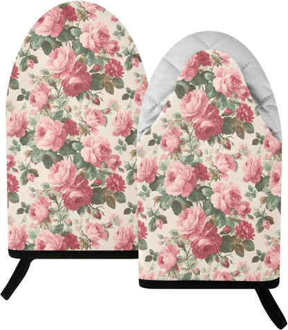Light Pink Roses Leaves 2pcs Oven Mitts Heat Resistant Kitchen Gloves Great Gift for Cooking Baking