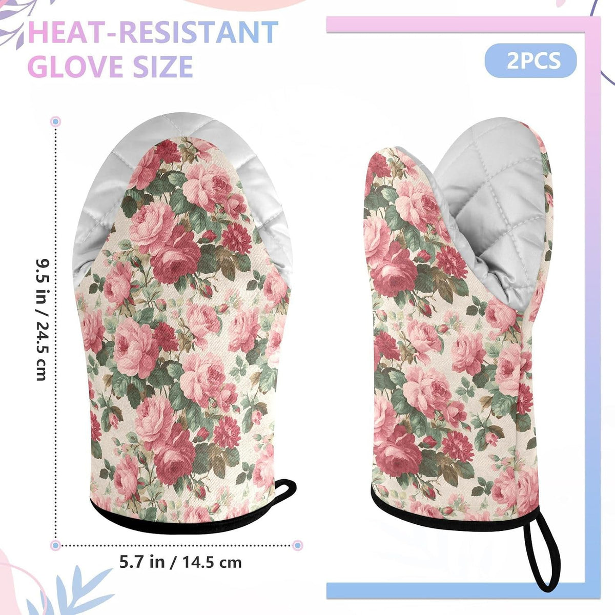 Light Pink Roses Leaves 2pcs Oven Mitts Heat Resistant Kitchen Gloves Great Gift for Cooking Baking