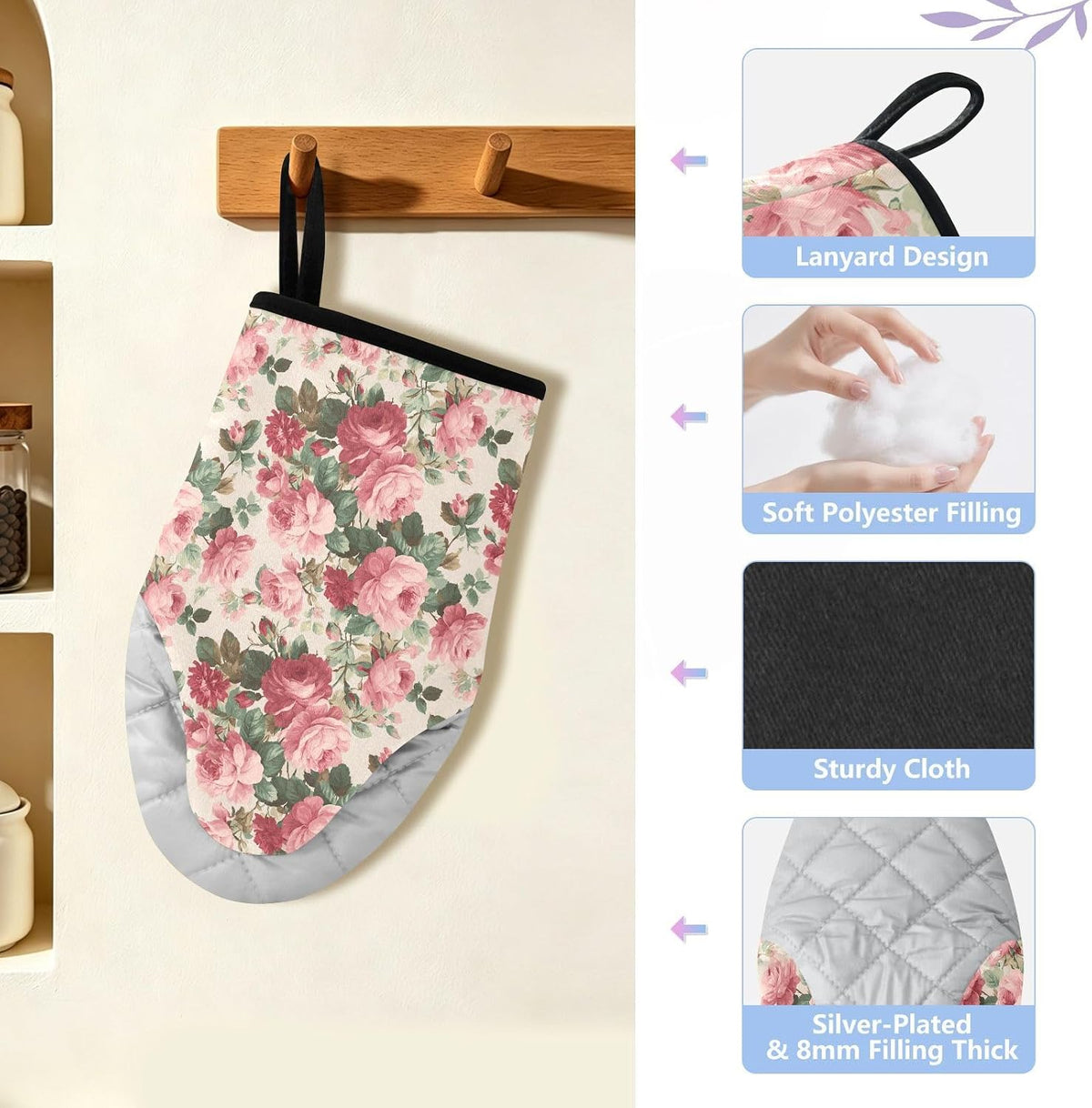 Light Pink Roses Leaves 2pcs Oven Mitts Heat Resistant Kitchen Gloves Great Gift for Cooking Baking