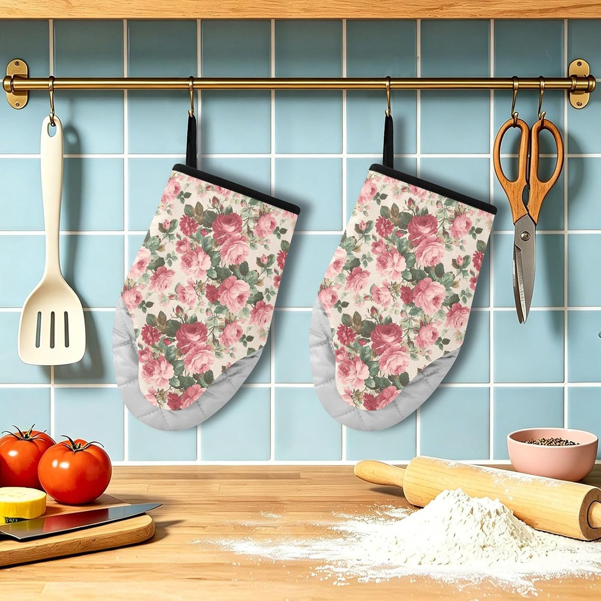 Light Pink Roses Leaves 2pcs Oven Mitts Heat Resistant Kitchen Gloves Great Gift for Cooking Baking