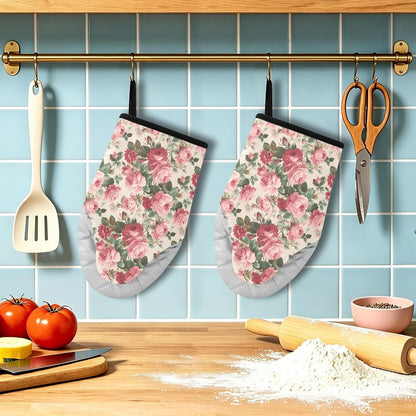 Light Pink Roses Leaves 2pcs Oven Mitts Heat Resistant Kitchen Gloves Great Gift for Cooking Baking