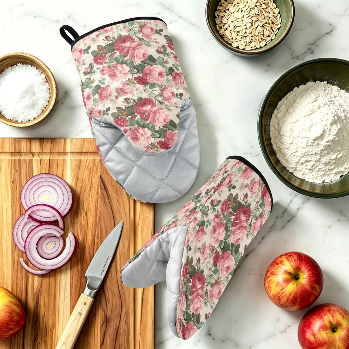 Light Pink Roses Leaves 2pcs Oven Mitts Heat Resistant Kitchen Gloves Great Gift for Cooking Baking