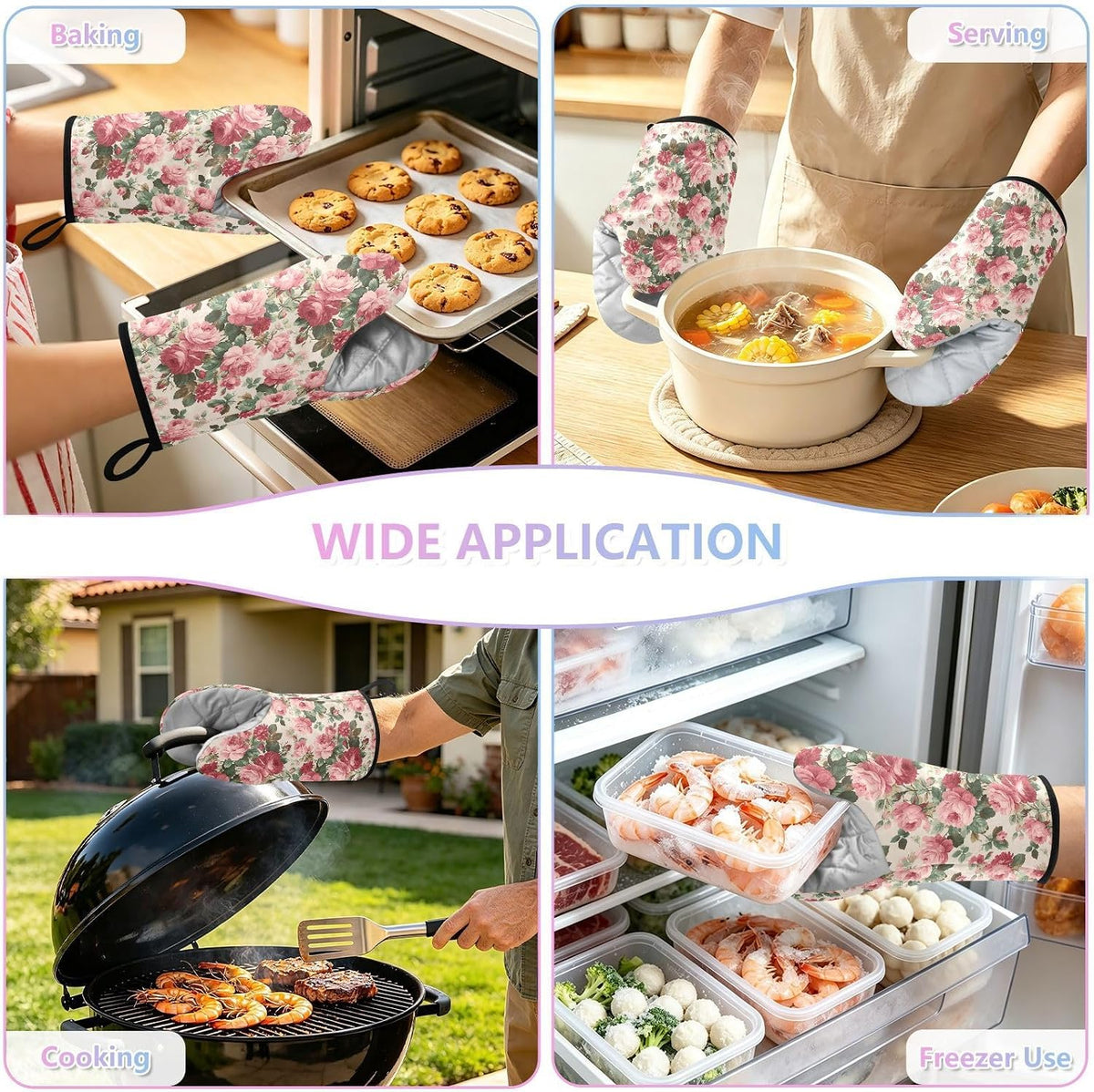 Light Pink Roses Leaves 2pcs Oven Mitts Heat Resistant Kitchen Gloves Great Gift for Cooking Baking