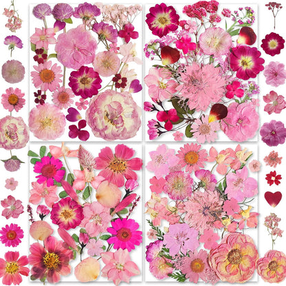 148PCS Pink Dried Pressed Flowers with Butterfly Stickers - Real Nature Flowers Craft Set for Resin Jewelry Candle Soap Vase Making Nail Card Scrapbook Art Floral Decors