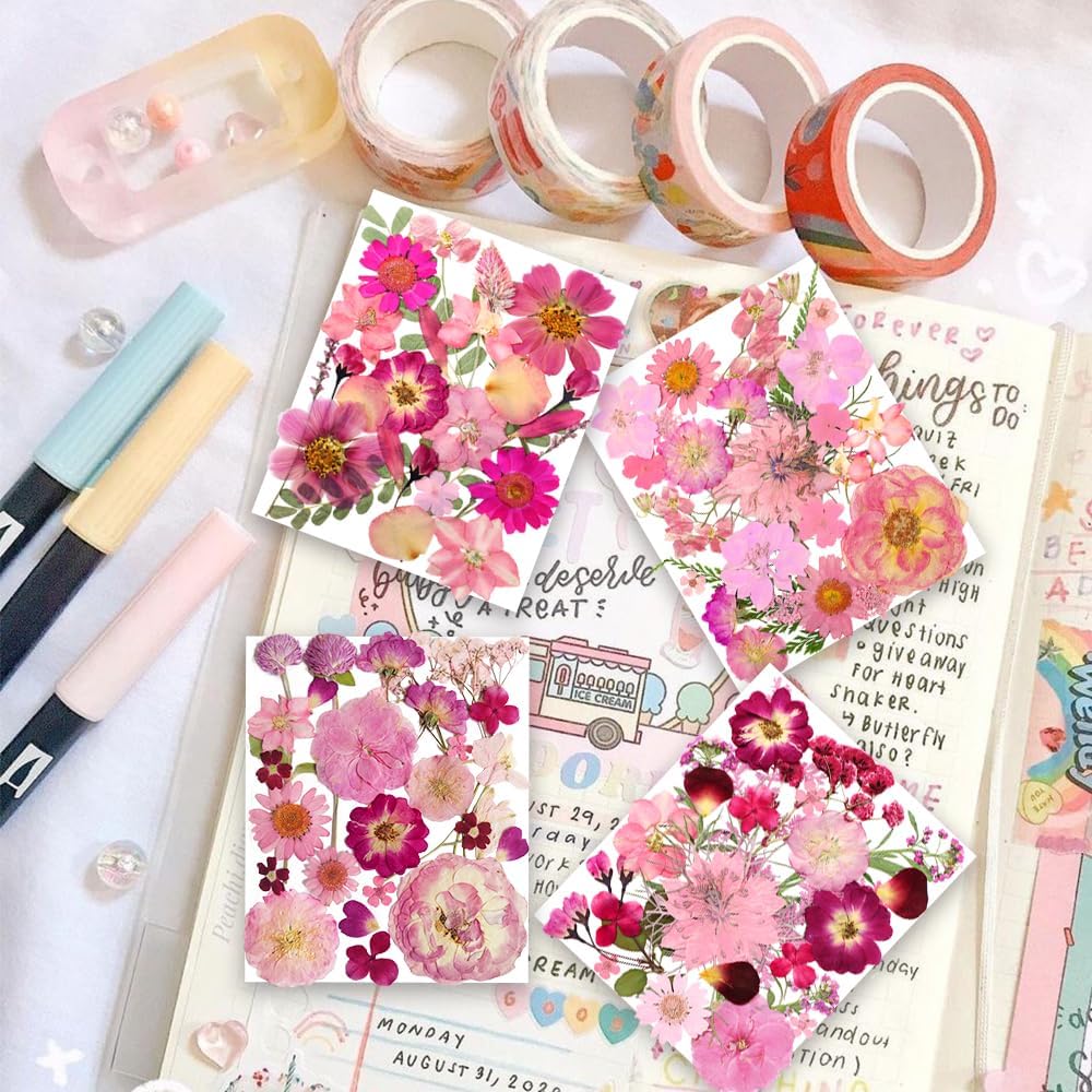 148PCS Pink Dried Pressed Flowers with Butterfly Stickers - Real Nature Flowers Craft Set for Resin Jewelry Candle Soap Vase Making Nail Card Scrapbook Art Floral Decors