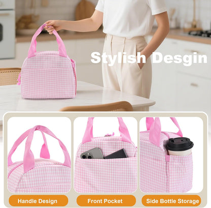 Insulated Lunch Bag for Women, Reusable Lunch Box Tote for Work & Office, Portable Leakproof Cooler Bag Roomy Adult Lunch Bags for Travel, Picnic & Daily Meals, Light Pink Gingham