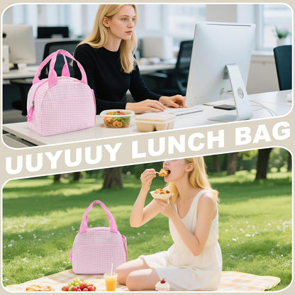 Insulated Lunch Bag for Women, Reusable Lunch Box Tote for Work & Office, Portable Leakproof Cooler Bag Roomy Adult Lunch Bags for Travel, Picnic & Daily Meals, Light Pink Gingham