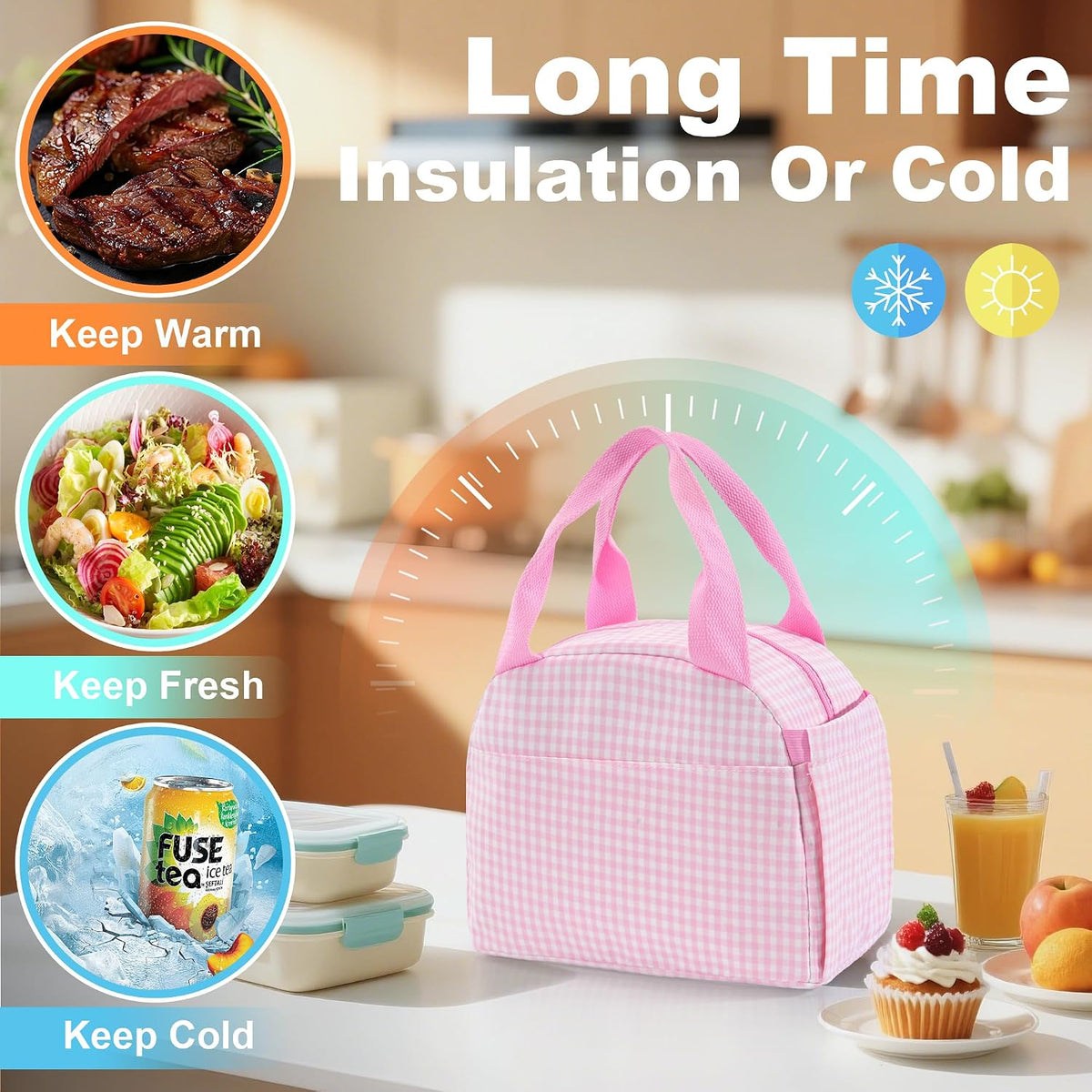 Insulated Lunch Bag for Women, Reusable Lunch Box Tote for Work & Office, Portable Leakproof Cooler Bag Roomy Adult Lunch Bags for Travel, Picnic & Daily Meals, Light Pink Gingham