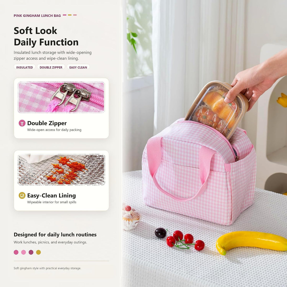 Insulated Lunch Bag for Women, Reusable Lunch Box Tote for Work & Office, Portable Leakproof Cooler Bag Roomy Adult Lunch Bags for Travel, Picnic & Daily Meals, Light Pink Gingham