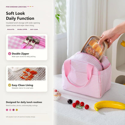 Insulated Lunch Bag for Women, Reusable Lunch Box Tote for Work & Office, Portable Leakproof Cooler Bag Roomy Adult Lunch Bags for Travel, Picnic & Daily Meals, Light Pink Gingham