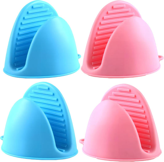 2 Pairs (Blue & Pink), Mini Silicone Oven Gloves, Mini Finger Protector Pot Holder for Kitchen,Cooking,Baking,BBQHeat Resistant Gloves，can be Washed in the Dishwasher
