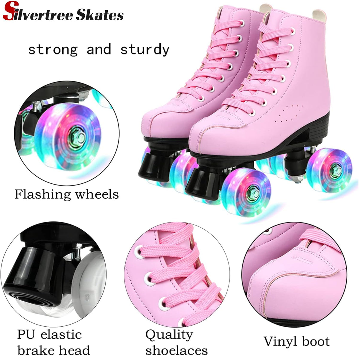 Women's Roller Skates PU Leather High-top Roller Skate Four-Wheel Roller Skate Shiny Roller Skates with Carry Bag for Girls