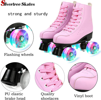 Women's Roller Skates PU Leather High-top Roller Skate Four-Wheel Roller Skate Shiny Roller Skates with Carry Bag for Girls
