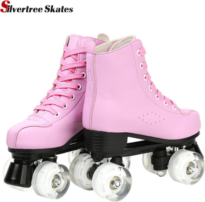 Women's Roller Skates PU Leather High-top Roller Skate Four-Wheel Roller Skate Shiny Roller Skates with Carry Bag for Girls