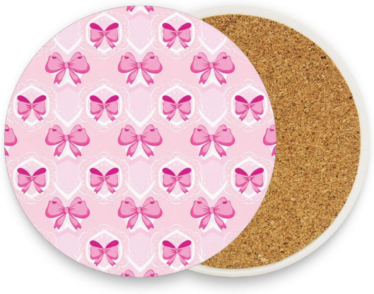 Light Pink Bows Coaster, Absorbent Drink Coaster Set of 4, Table Coasters for Decor