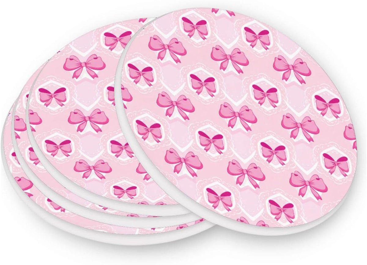 Light Pink Bows Coaster, Absorbent Drink Coaster Set of 4, Table Coasters for Decor