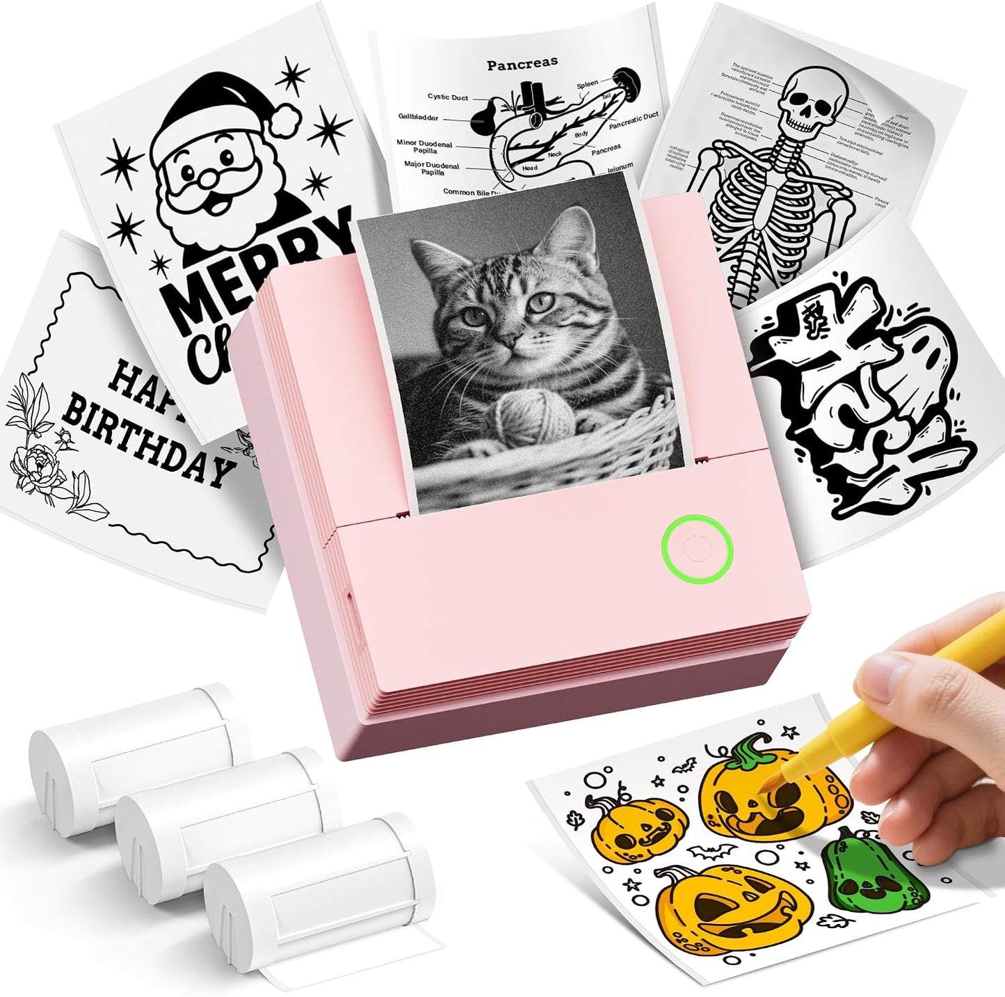 Sticker Printer, PM290C Mini Printer with 3 Rolls Paper, Pink | Inkless Bluetooth Sticker Maker for Study Notes, Journals, DIY, Gifts & Smart AI App, Ideal for Office, Home & School