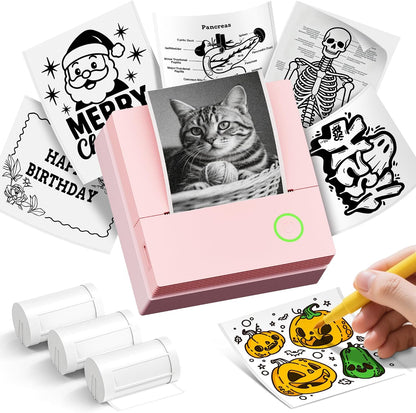 Sticker Printer, PM290C Mini Printer with 3 Rolls Paper, Pink | Inkless Bluetooth Sticker Maker for Study Notes, Journals, DIY, Gifts & Smart AI App, Ideal for Office, Home & School