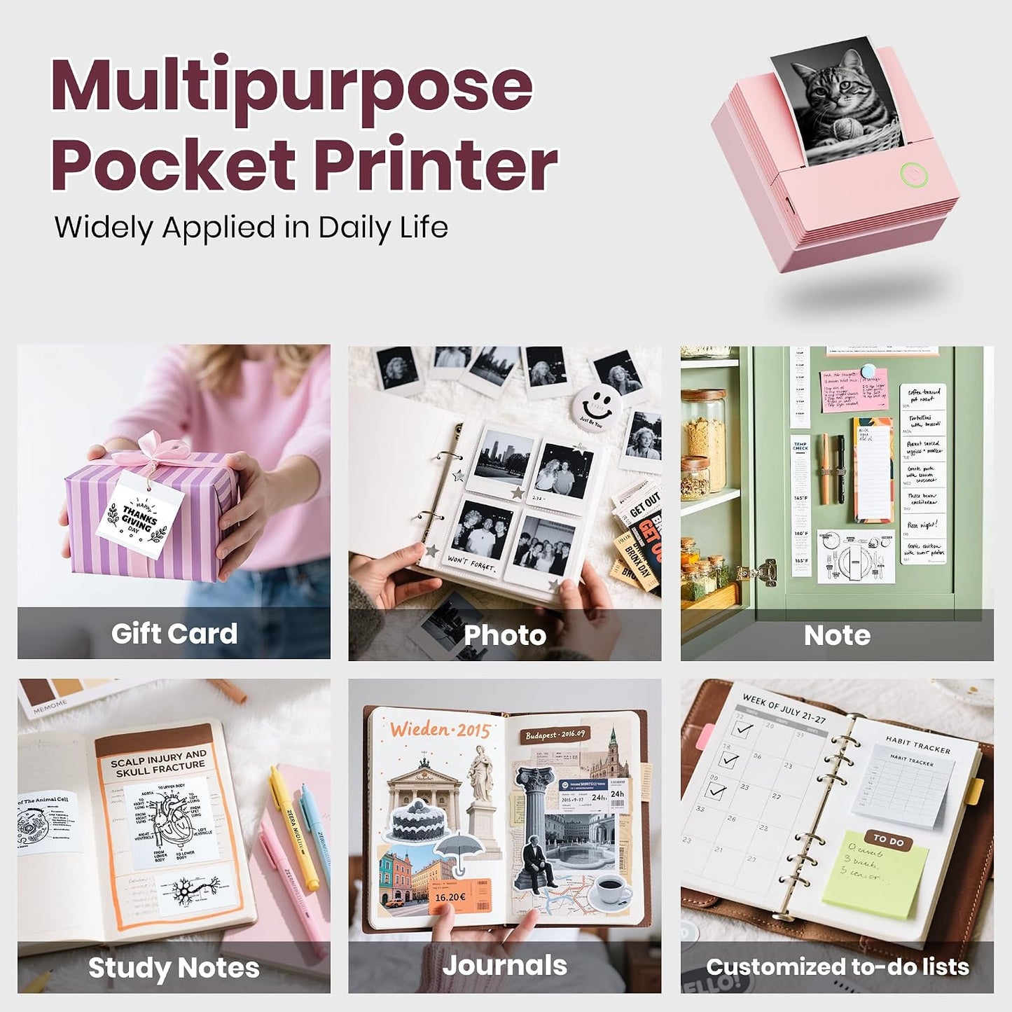 Sticker Printer, PM290C Mini Printer with 3 Rolls Paper, Pink | Inkless Bluetooth Sticker Maker for Study Notes, Journals, DIY, Gifts & Smart AI App, Ideal for Office, Home & School