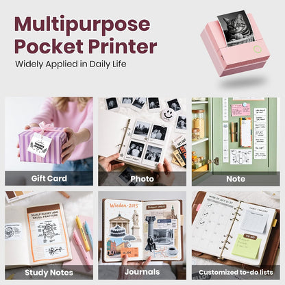 Sticker Printer, PM290C Mini Printer with 3 Rolls Paper, Pink | Inkless Bluetooth Sticker Maker for Study Notes, Journals, DIY, Gifts & Smart AI App, Ideal for Office, Home & School