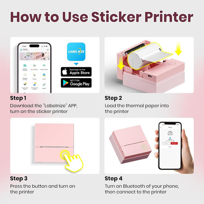 Sticker Printer, PM290C Mini Printer with 3 Rolls Paper, Pink | Inkless Bluetooth Sticker Maker for Study Notes, Journals, DIY, Gifts & Smart AI App, Ideal for Office, Home & School