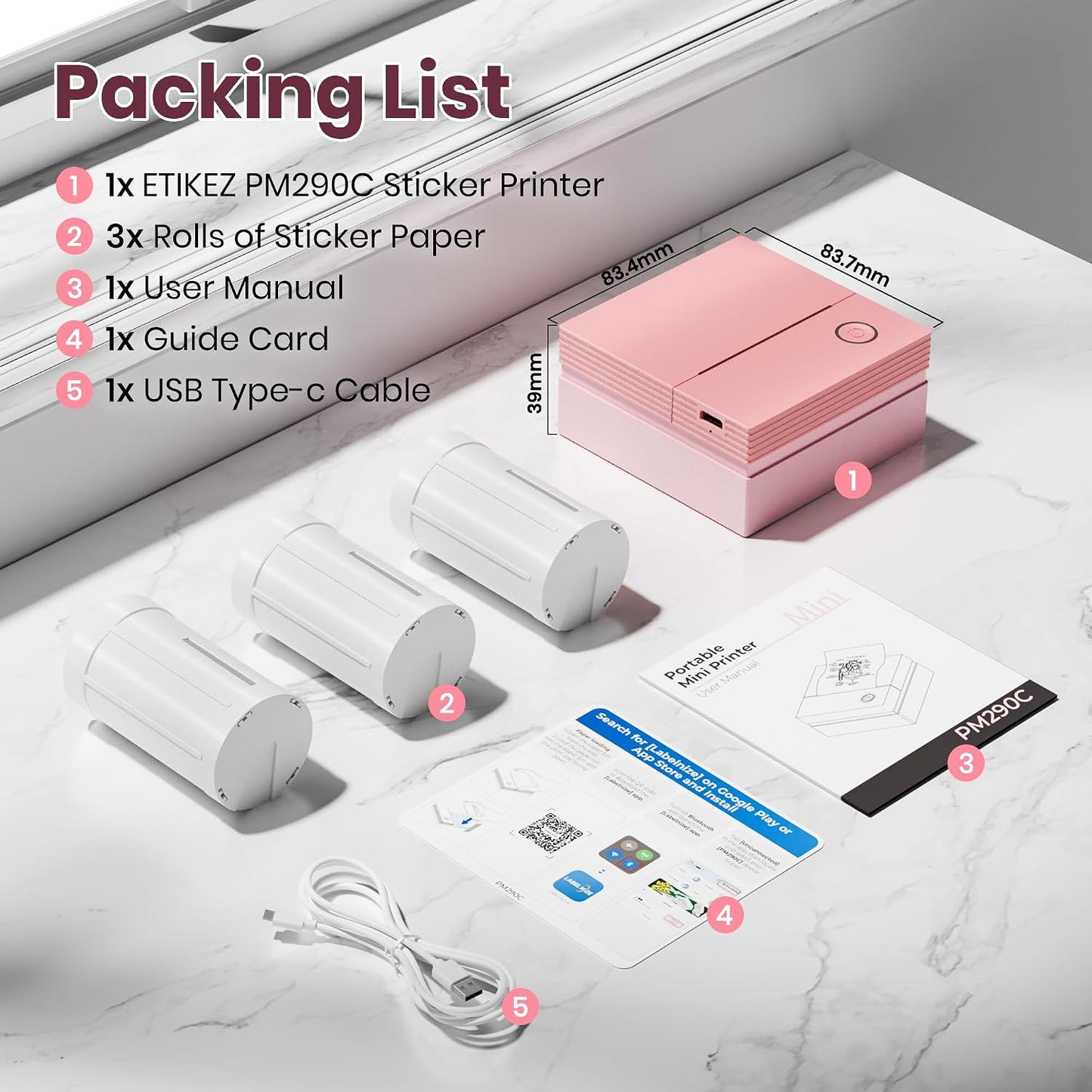 Sticker Printer, PM290C Mini Printer with 3 Rolls Paper, Pink | Inkless Bluetooth Sticker Maker for Study Notes, Journals, DIY, Gifts & Smart AI App, Ideal for Office, Home & School