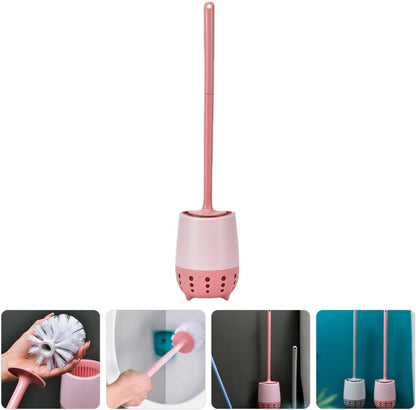 Toilet Brush and Holder Set with Long Handle, Wall-mountable Bowl Brush for Bathroom Cleaning, Pink Non-Drilling Scrubber Tool Suitable for Household Sanitary Use