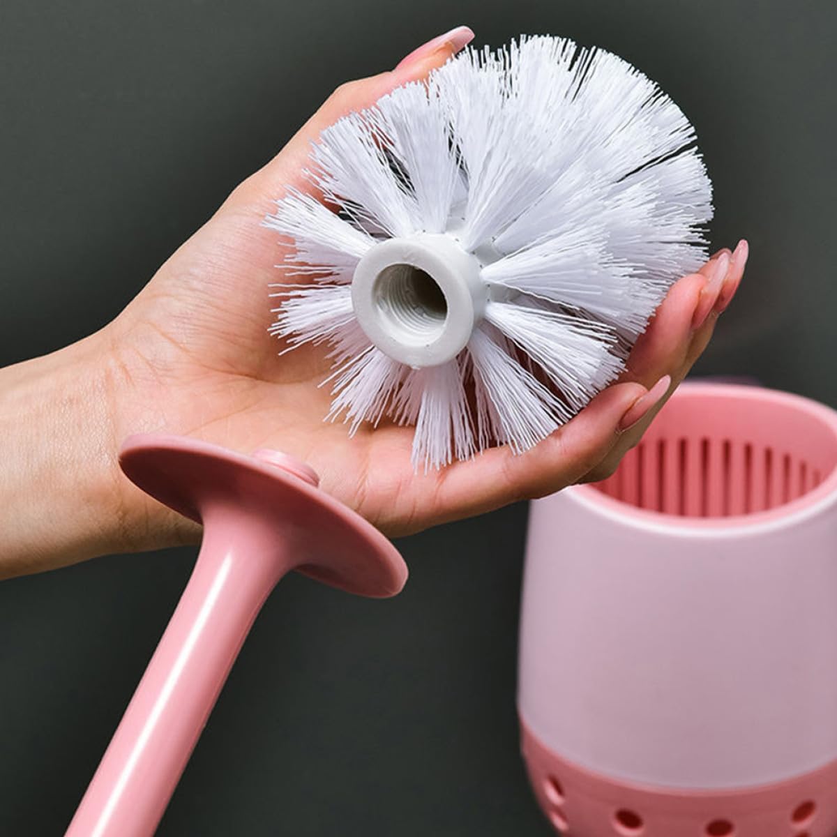 Toilet Brush and Holder Set with Long Handle, Wall-mountable Bowl Brush for Bathroom Cleaning, Pink Non-Drilling Scrubber Tool Suitable for Household Sanitary Use