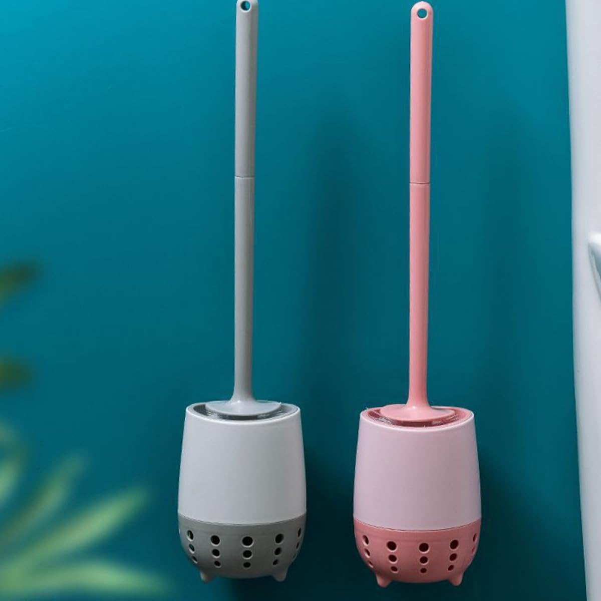 Toilet Brush and Holder Set with Long Handle, Wall-mountable Bowl Brush for Bathroom Cleaning, Pink Non-Drilling Scrubber Tool Suitable for Household Sanitary Use