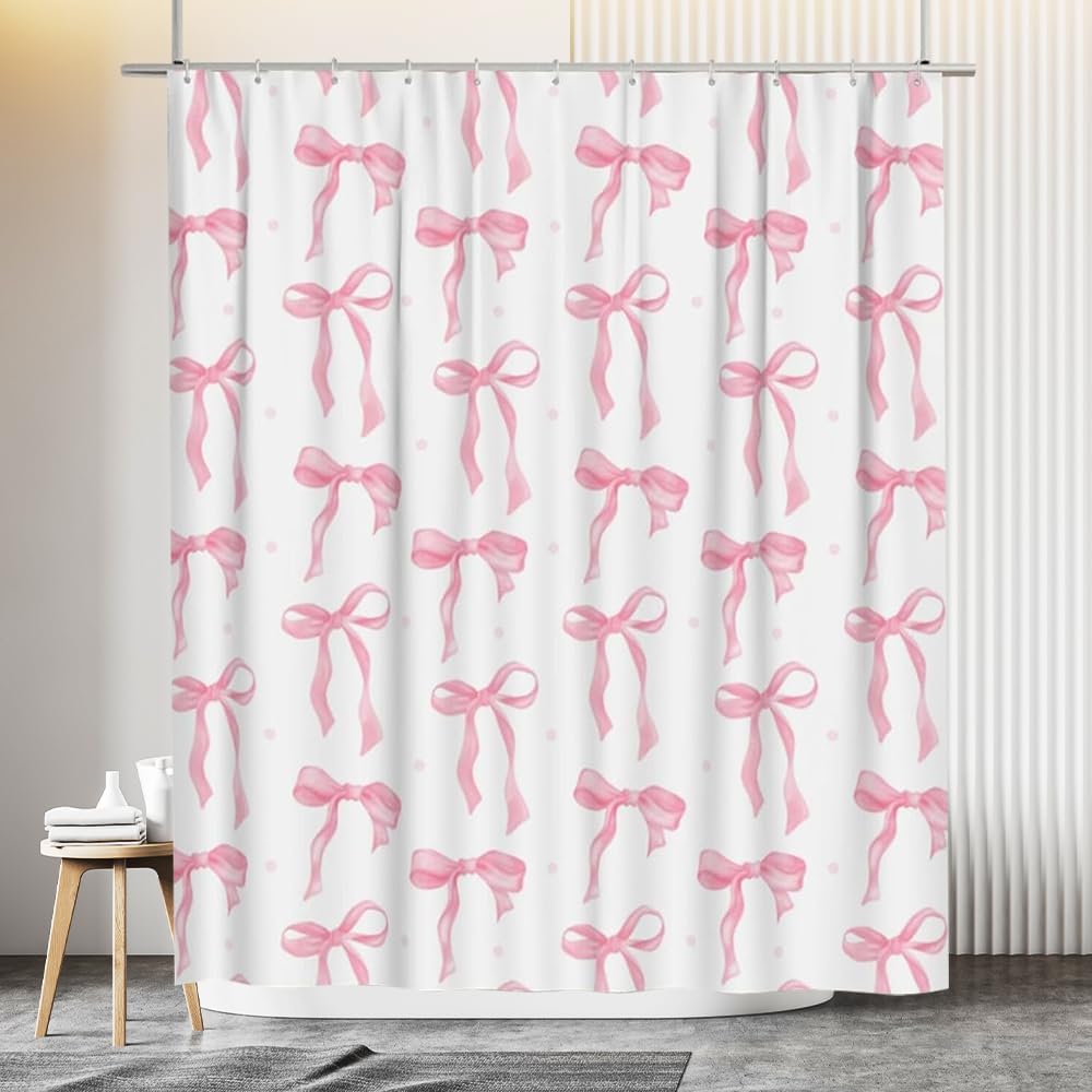 Pink Bow Shower Curtain, Cute Girly Shower Curtains for Bathroom, Waterproof Polyester Coquette Shower Curtain with 12PCS Hooks, 70.87 × 70.87 Inches, Pink