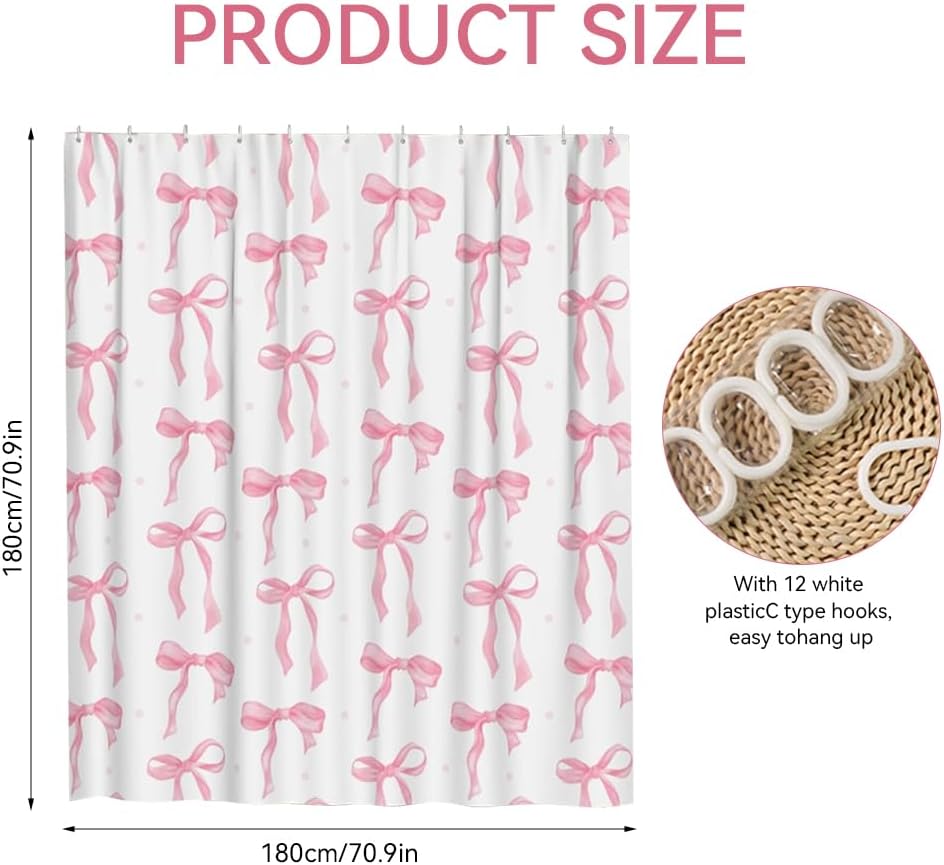 Pink Bow Shower Curtain, Cute Girly Shower Curtains for Bathroom, Waterproof Polyester Coquette Shower Curtain with 12PCS Hooks, 70.87 × 70.87 Inches, Pink
