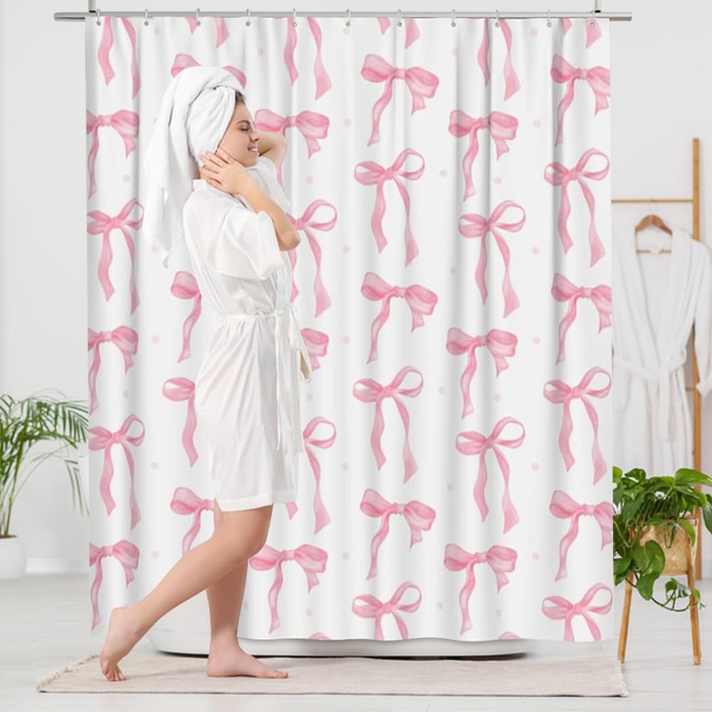 Pink Bow Shower Curtain, Cute Girly Shower Curtains for Bathroom, Waterproof Polyester Coquette Shower Curtain with 12PCS Hooks, 70.87 × 70.87 Inches, Pink