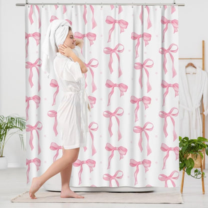 Pink Bow Shower Curtain, Cute Girly Shower Curtains for Bathroom, Waterproof Polyester Coquette Shower Curtain with 12PCS Hooks, 70.87 × 70.87 Inches, Pink
