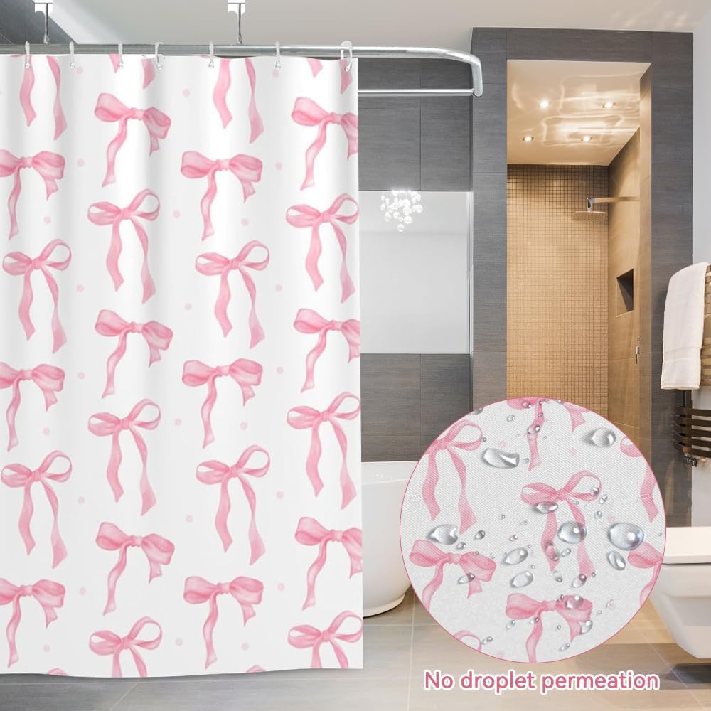 Pink Bow Shower Curtain, Cute Girly Shower Curtains for Bathroom, Waterproof Polyester Coquette Shower Curtain with 12PCS Hooks, 70.87 × 70.87 Inches, Pink