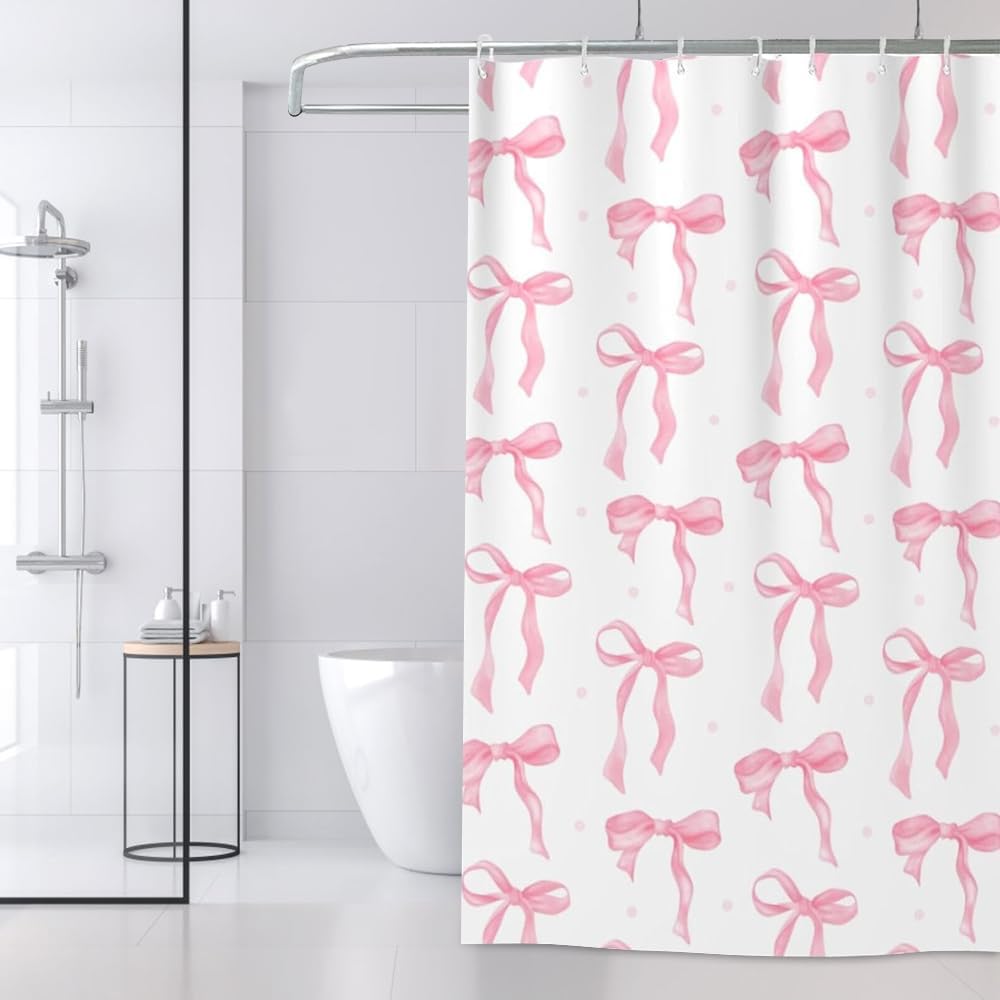 Pink Bow Shower Curtain, Cute Girly Shower Curtains for Bathroom, Waterproof Polyester Coquette Shower Curtain with 12PCS Hooks, 70.87 × 70.87 Inches, Pink