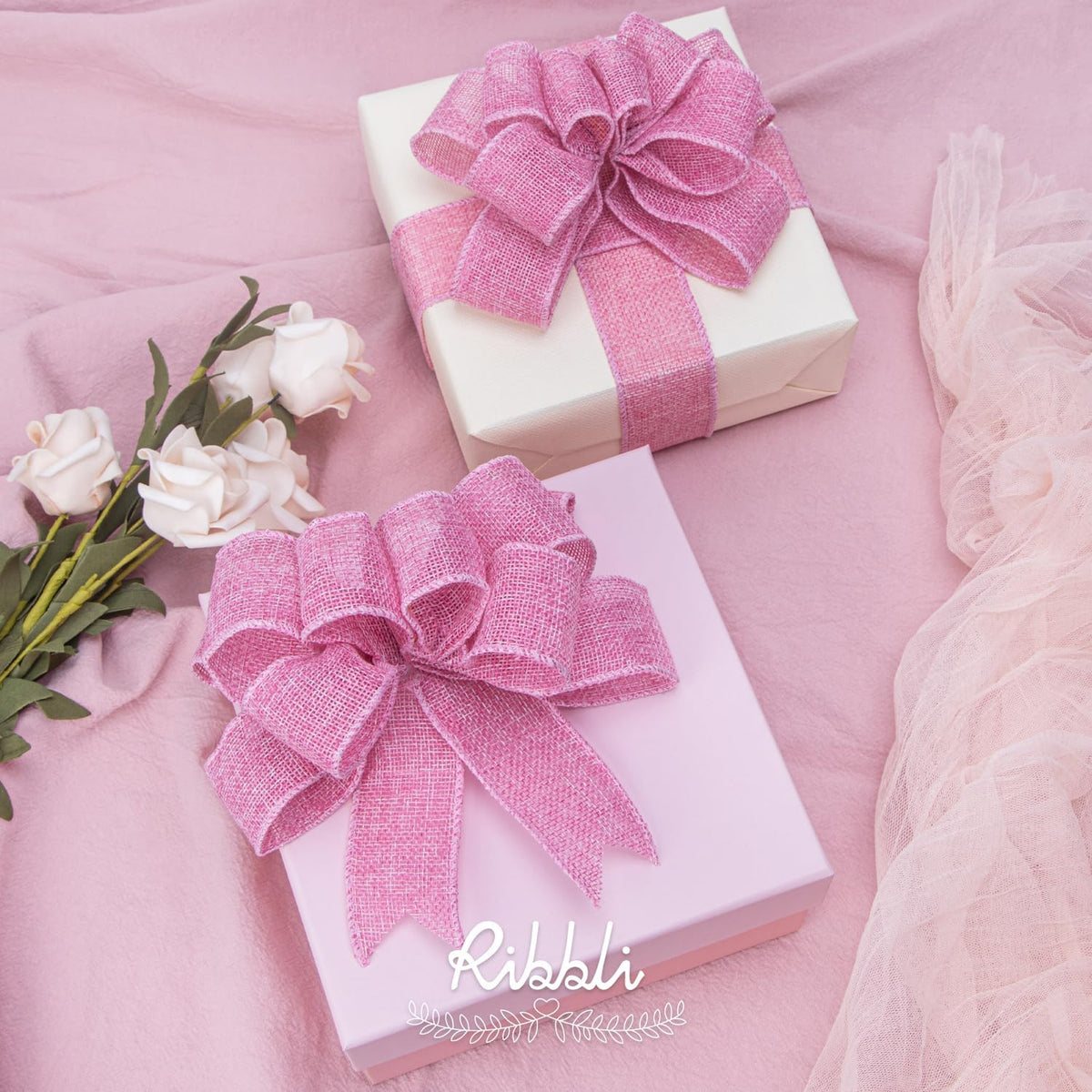 Pink Burlap Valentine's Day Wired Ribbon,1-1/2 Inch x 10 Yard,Easter Wired Edge Ribbon for Big Bow,Wreath,Tree Decoration,Outdoor Decoration