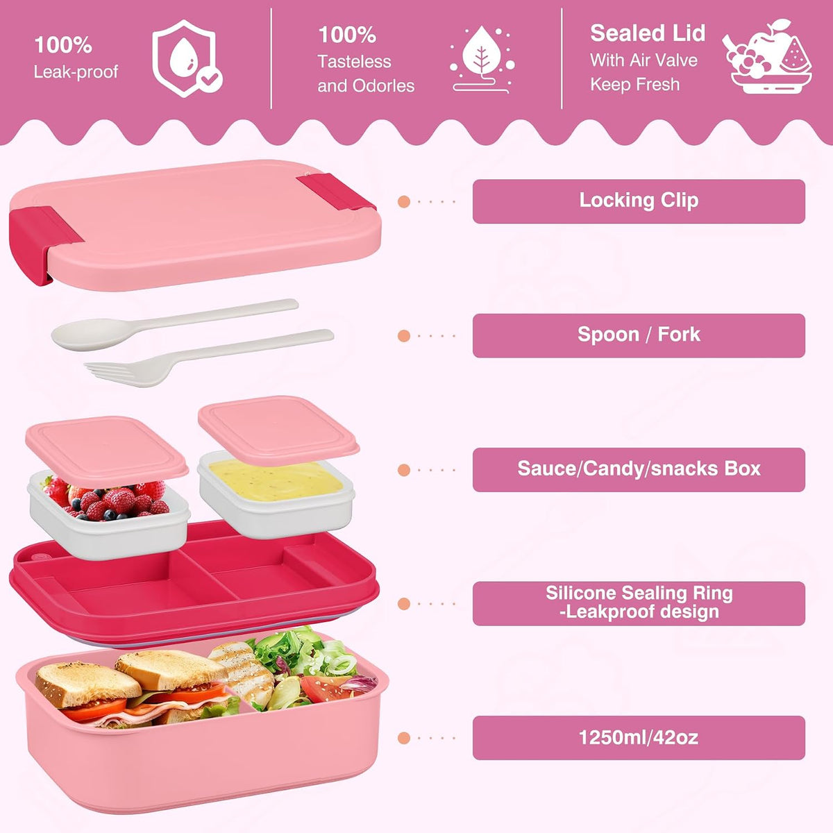 Bento Lunch Box Set with 10.5oz Soup Thermo Food Jar for Adults Kids, Stainless Steel Leak-proof Lunch Container with 4 Compartment, Coffee Tumbler with Lunch Bag for School Travel Office-Pink