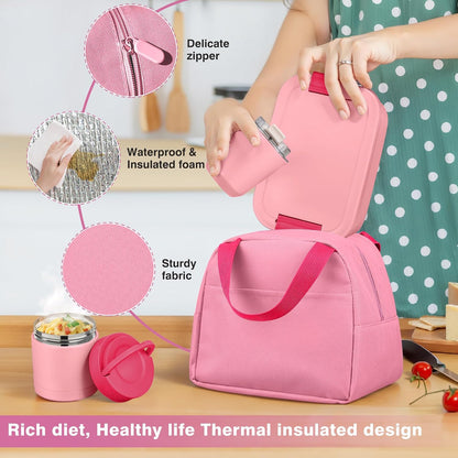 Bento Lunch Box Set with 10.5oz Soup Thermo Food Jar for Adults Kids, Stainless Steel Leak-proof Lunch Container with 4 Compartment, Coffee Tumbler with Lunch Bag for School Travel Office-Pink
